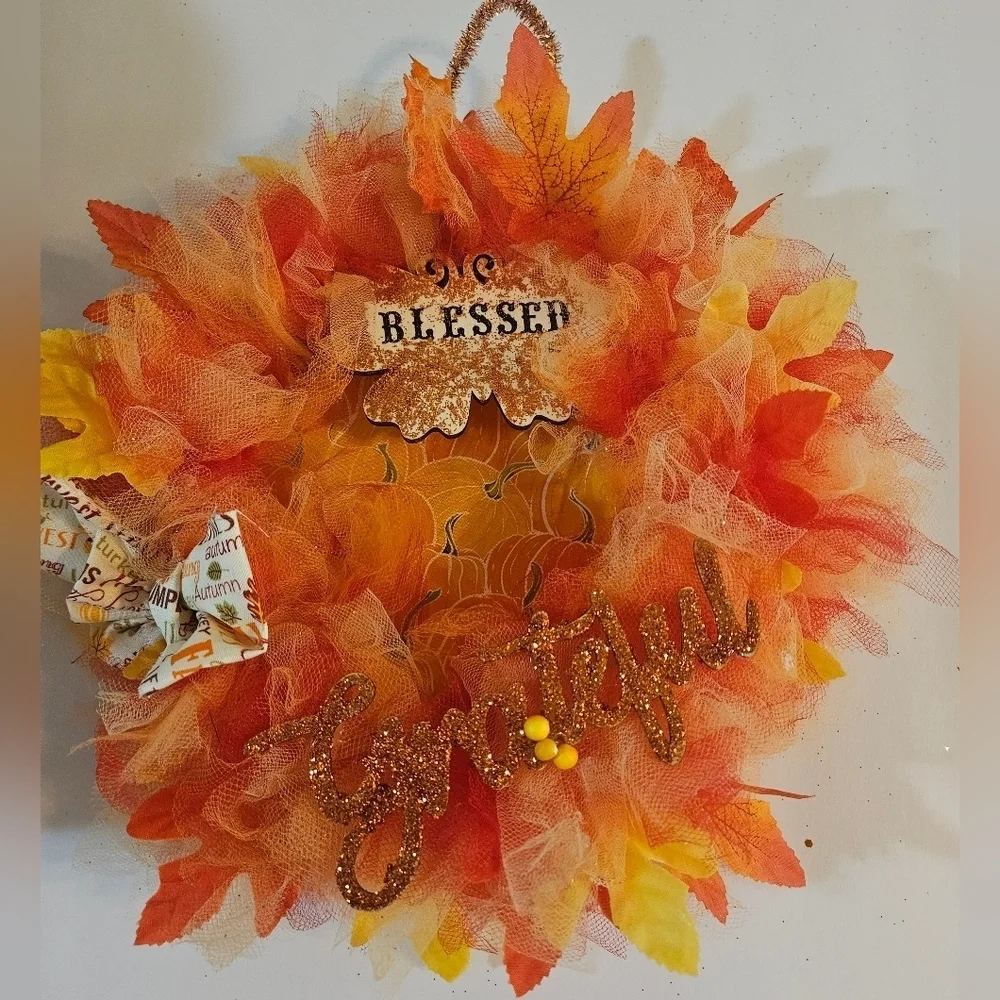 Handmade Fall Holiday Wreath Blessed Grateful Autumn Decor